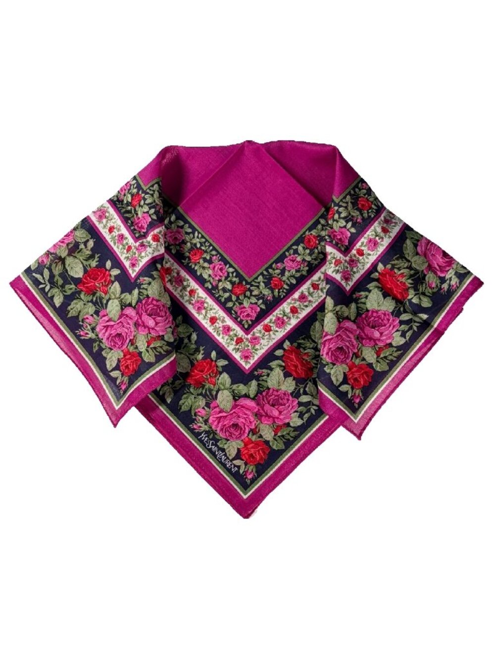 Vintage Yves Saint Laurent Cotton Scarf | Raspberry Pink & Navy Rose Floral | 18